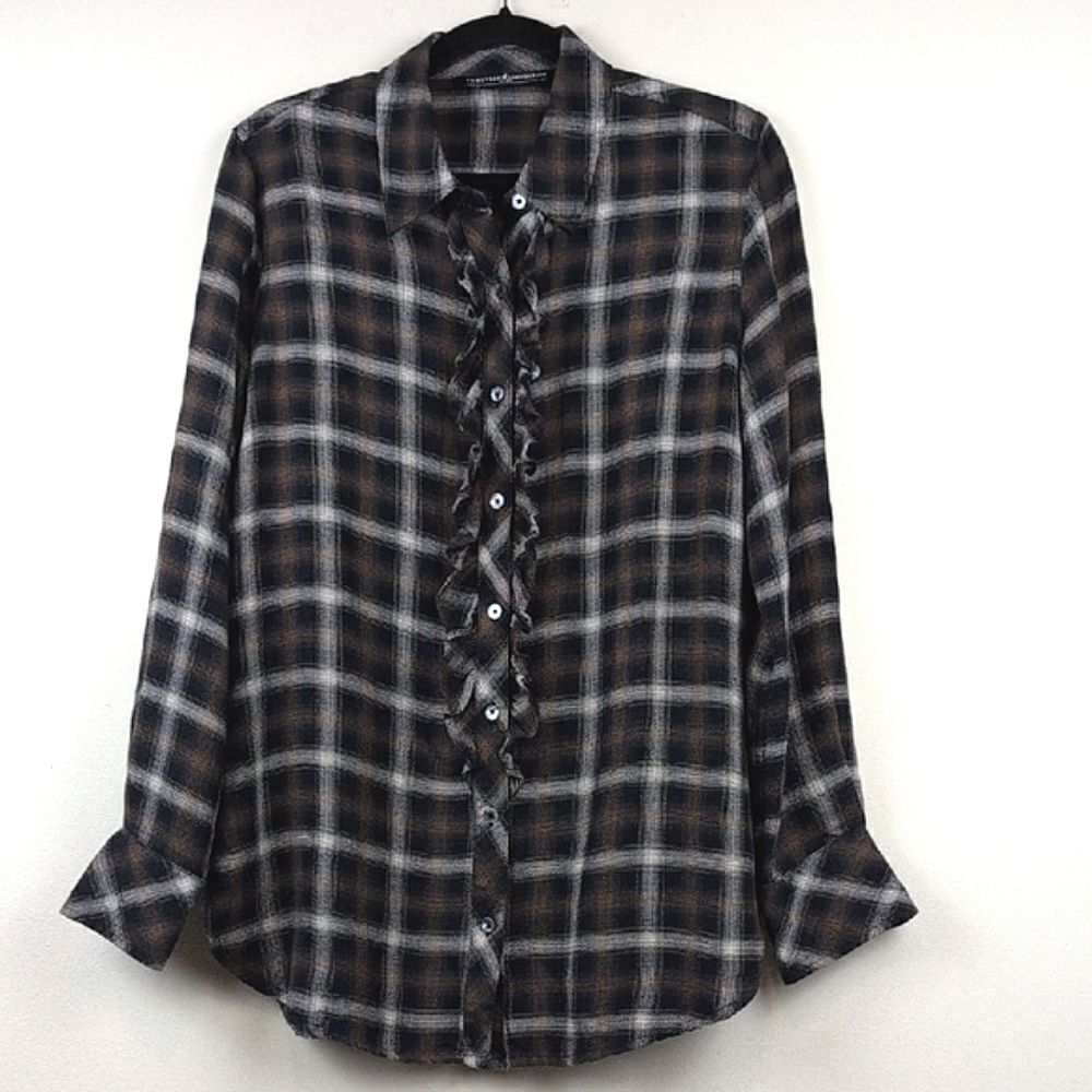 Peruvian Connection Ruffled Button Front Plaid Shirt Top Size M - Picture 8 of 8